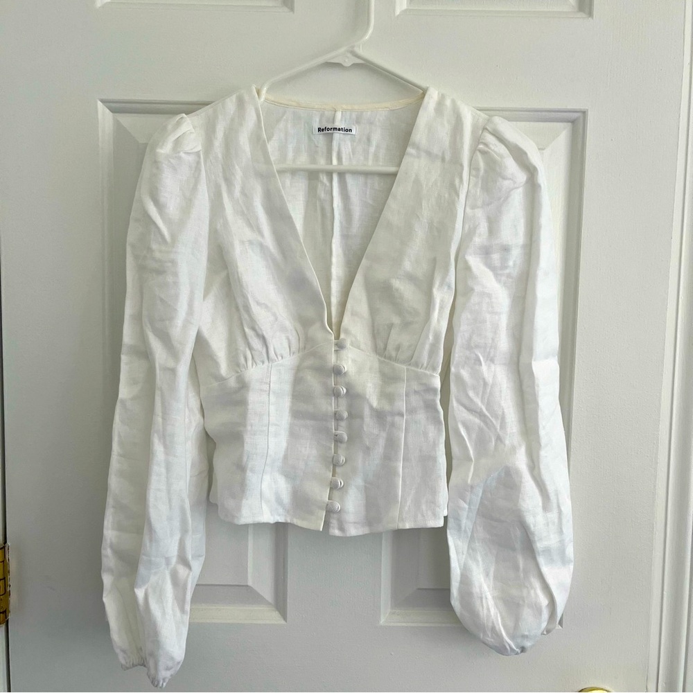Reformation Linen Long Sleeve Button Top